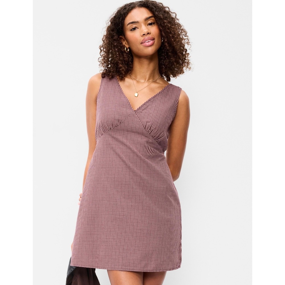 Old Navy Womens Sleeveless A-Line Mini Dress Burgundy Gingham V-Neck Large NEW - Picture 2 of 14